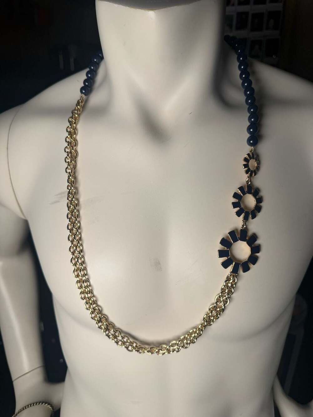 Talbots Gold-Tone Blue Bead Link Statement Necklace